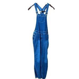 Vintage Lazer Wide Leg Bib Overalls Size 9/ Medium Blue Denim Missing Button Y2K